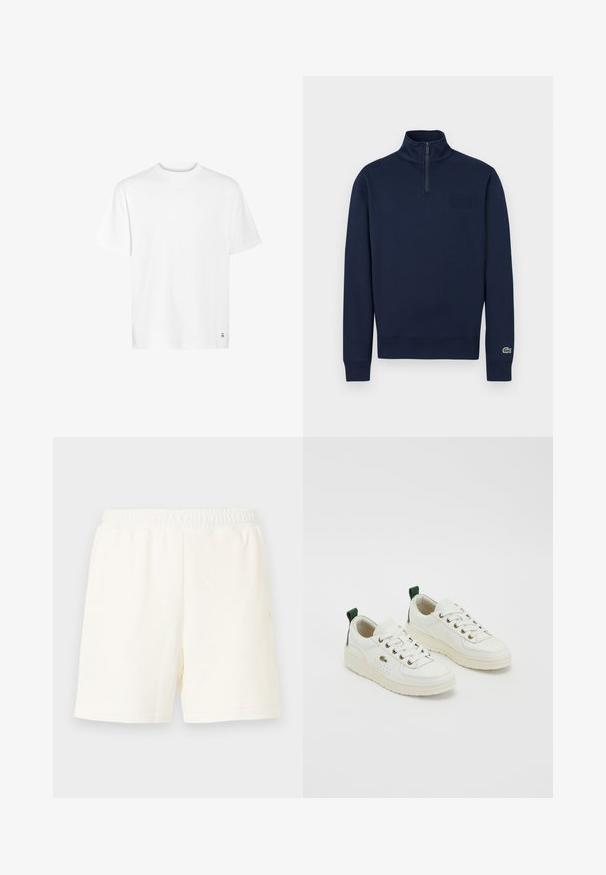 Marineblauer Viertel-Reißverschluss-Sweatshirt mit hohem Kragen, gerippten Bündchen, kleinem geprägtem Logo auf der Brust und grünem Krokodil-Logo am linken Ärmelbündchen.; Weißes Baumwoll-T-Shirt mit rundem Ausschnitt, kurzen Ärmeln und geradem Saum. Mit einem kleinen Logodetail in der unteren Ecke.; Off-white kniehohe Shorts mit elastischem Bund und ohne sichtbare Taschen, vor einem schlichten hellen Hintergrund dargestellt.; Weiße Ledersneaker mit grünen Akzenten, Schnürdesign, goldenen Ösen und strukturierten Paneelen. Dicke cremefarbene Gummisohle.