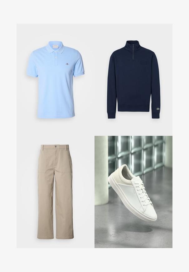 Sweat-shirt marine à demi-fermeture éclair avec col montant, poignets côtelés, petit logo embossé sur la poitrine et logo crocodile vert sur le poignet de la manche gauche.; Polo shirt à manches courtes bleu clair en coton, avec une patte de boutonnage à deux boutons et un petit logo brodé sur la poitrine gauche.; Pantalon beige à jambes larges en coton ; doté de poches plaquées à l'avant, d'une fermeture à bouton et de coutures visibles le long des ourlets.; Baskets basses blanches avec talon matelassé et logo latéral "BOSS" de marque, présentées en suspension à l'intérieur sur un sol gris poli.