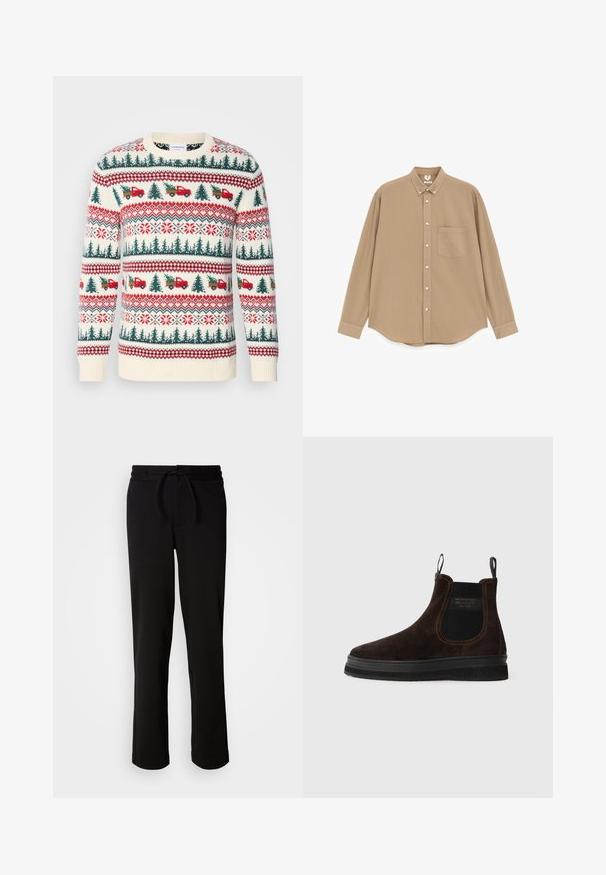 Pull en tricot avec une base crème, motifs rouges et verts d'arbres, de camions et de flocons de neige, avec des poignets et un ourlet côtelés.; Chemise beige à manches longues avec poche poitrine, col boutonné et boutons blancs sur le devant.; Pantalons de survêtement noirs avec une taille élastique à cordon, fabriqués à partir d'un tissu doux et extensible. Présente une coupe décontractée avec des jambes droites et sans poches visibles.; Bottine Chelsea en daim marron avec un panneau latéral élastique texturé, des languettes de traction et une épaisse semelle en caoutchouc noir. Design minimaliste et lignes épurées.