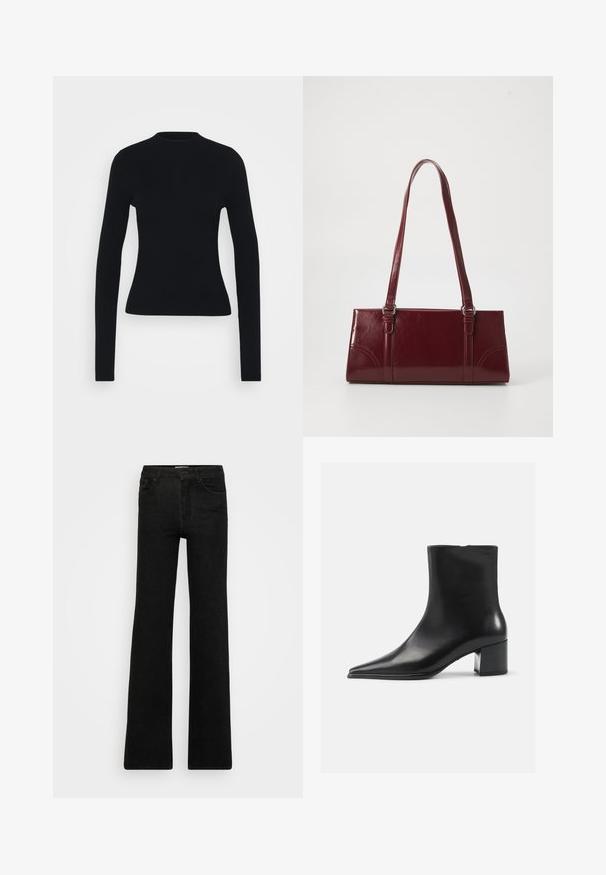 Haut noir à manches longues côtelé avec une silhouette ajustée, un col montant et une texture lisse, présentant des manches étroites et sans matériel visible.; Jeans évasés noirs en denim. Le design comprend deux poches avant et une fermeture éclair, avec une texture lisse et uniforme et des lignes nettes.; Bottine en cuir noir avec un bout pointu, texture lisse et un talon bloc moyen. Design minimaliste, fermeture éclair à l'arrière.; Sac à main bordeaux en matériau brillant, de forme rectangulaire, avec deux anses et des accents légèrement courbés à l'avant.
