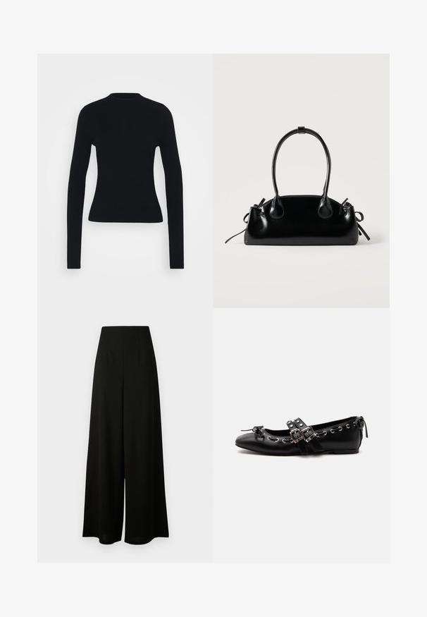 Sort ribbet langærmet top med en tætsiddende silhuet, høj halsudskæring og glat tekstur, med smalle ærmer og ingen synlig hardware.; Vero Moda Tall VMLIVA SUPER WIDE PANTS - Bukser - black; Sort flad balletsko med dobbelt spænde, sølvøjer og en lille sløjfe nær den runde tå på en hvid baggrund.; Lille sort blank håndtaske med to lange håndtag og snøre-detaljer i siden på en ensfarvet lys baggrund.