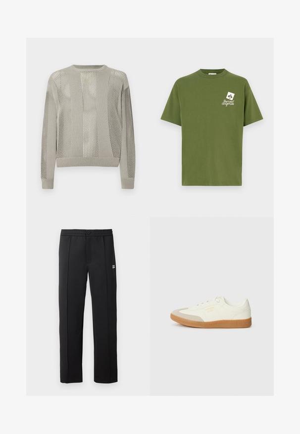 Lysegrå sweater med en blanding af ensfarvede og teksturerede mesh-mønstre, med rund halsudskæring og ribstrikkede manchetter og kant.; Olivengrøn bomulds-T-shirt med rund hals og korte ærmer. Har en hvid grafik på venstre bryst med teksten "the new originals."; Sorte bukser lavet af glat stof, der har en knaplukning, sidelommer og et lille logo på forsiden. Lige ben design.; Sneaker lavet af hvid læder med en beige tåhætte og let brunt gummisål. Har flade hvide snørebånd og prægede branding på siden.