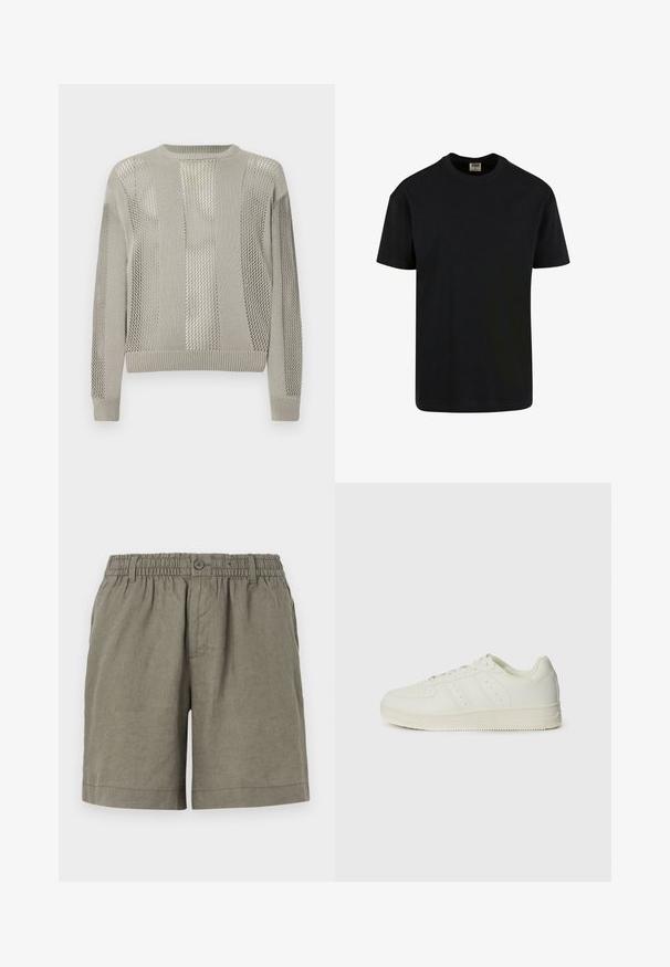 Vaaleanharmaa neulepaita, jossa on yhdistelmä sileää ja kuvioitua verkkomateriaalia, pyöreä pääntie sekä resorit hihansuissa ja helmassa.; Urban Classics SHORTSLEEVE - T-paita - black; Khaki shorts dalam kain ringan dengan pinggang elastis dan penutupan kancing. Memiliki desain kaki lurus dan hem digulung.; Valkoiset tennarit, joissa on sileä nahkapinta, nauhakiinnitys, reikämuotoilua ja kolme vinoraitaa sivulla. Kumiulkopohja.