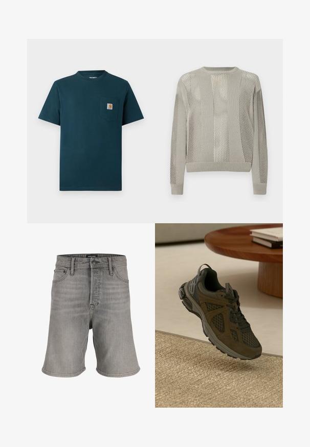 Lichtgrijze trui met een mix van effen en gestructureerde mesh-patronen, voorzien van een ronde hals en geribbelde boorden en zoom.; Donkerblauwe T-shirt met korte mouwen en ronde hals, voorzien van een borstzakje met een klein Carhartt-logo patch.; Grijze denimshort met vijf zakken, riemlussen, een knoop aan de voorkant en een ritssluiting, rechtop gepresenteerd op een effen witte achtergrond.; Donkergroene en bruine sport schoen met gaas- en nubuckpanelen, geplaatst op een beige textuurrug naast een houten tafel met opgestapelde boeken.