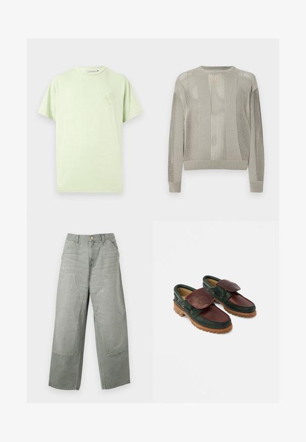 Pull gris clair présentant un mélange de motifs unis et en maille texturée, avec un col rond et des poignets et un ourlet côtelés.; T-shirt en coton vert clair avec une coupe décontractée, des manches courtes et un petit motif brodé sur la poitrine gauche.; Pantalon gris taille haute, coupe ample, jambes larges, grandes poches plaquées devant, passants pour ceinture et fermeture par bouton.; Chaussures en cuir avec un corps vert foncé, un dessus bordeaux, un bout rond, un rabat sécurisé et une semelle en caoutchouc texturée avec des rainures.