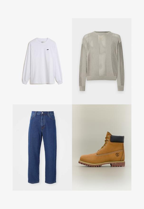 Lysegrå sweater med en blanding af ensfarvede og teksturerede mesh-mønstre, med rund halsudskæring og ribstrikkede manchetter og kant.; Hvid langærmet t-shirt i bomuld med et lille sort skateboardgrafik på venstre bryst og ribbede manchetter.; Høj taljede blå jeans i denim, med lige ben silhuet, synlige stikninger og en frontknaplukning.; Brun læderankelstøvle med sort krave, gule snørebånd og tanfarvet sål. Har logo og hvide syninger som detalje. Robust ydersål med greb.
