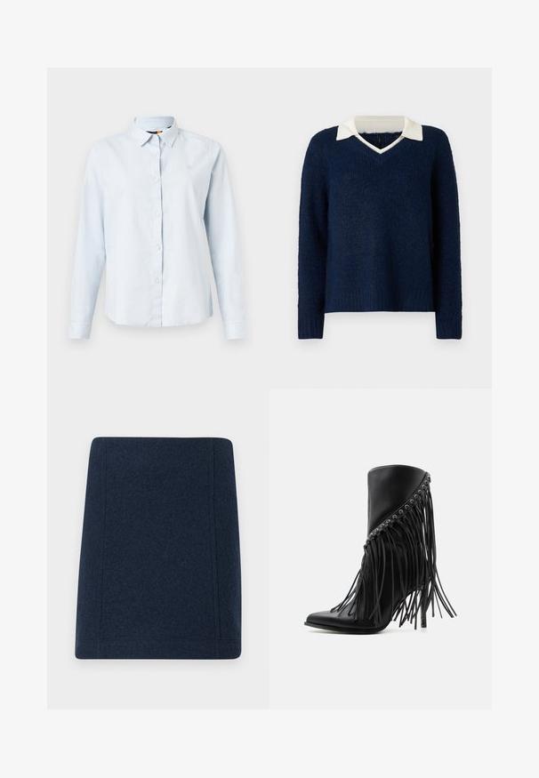 Pull bleu marine avec une finition texturée, col en V et un col blanc contrastant. Il possède des manches longues et une coupe décontractée.; Chemise à manches longues bleu clair avec un col pointu, fermeture à boutons et tissu doux. Présente un petit logo brodé sur la poitrine.; Jupe mini en laine bleu marine avec une coupe droite, des coutures plates et une texture lisse. Sans motifs ni ornements visibles.; Bottine noire à talon haut avec franges inclinées et œillets métalliques le long du bord supérieur, bout pointu et talon stiletto.