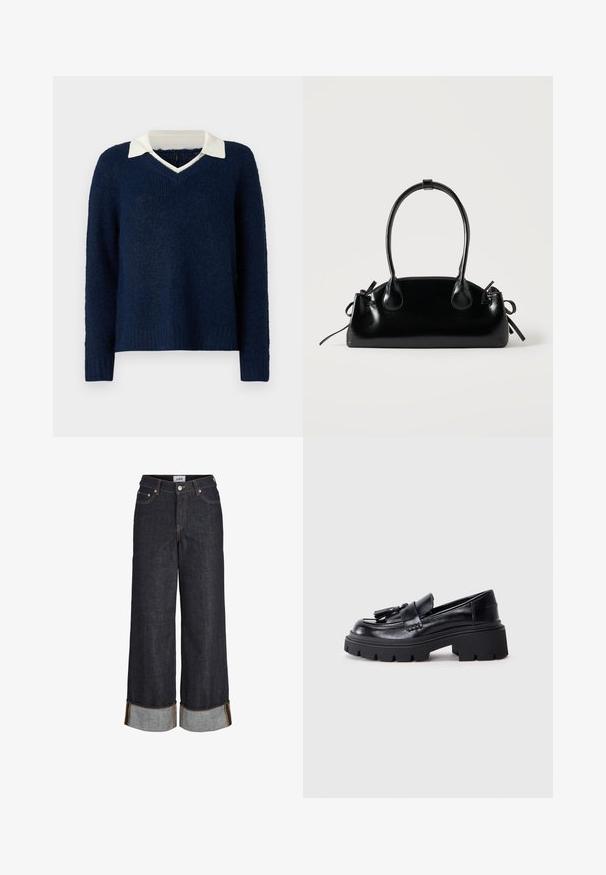 Mørkeblå sweater med en tekstureret overflade, V-hals og en kontrasterende hvid krave. Har lange ærmer og en afslappet pasform.; Mørkeblå jeans med brede ben og opbuk ved kanterne, fem lommer og kontrastfuld gul syning.; Sorte læder loafers med en klumpet, bølget sål, der har en dekorativ kvast på forsiden og en glat, blank overflade.; Lille sort blank håndtaske med to lange håndtag og snøre-detaljer i siden på en ensfarvet lys baggrund.