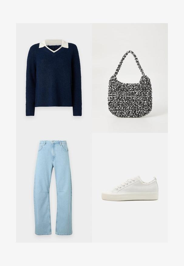 Marineblauwe trui met een textuurafwerking, V-hals en een contrasterende witte kraag. Heeft lange mouwen en een relaxte pasvorm.; Lichtblauwe wijde jeans met verticale witte spijkerstrepen, knoop en rits aan de voorkant en twee voorzakken.; Witte canvas sneakers met een gestructureerde bovenkant, ronde neuskap, platte zool en vetersluiting. Voorzien van een iets rafelig kraag en een trekhaak.; Geweven handtas in zwart en wit met een ronde vorm, gestructureerd oppervlak en een gevlochten handvat. Geschikt voor dagelijks gebruik.