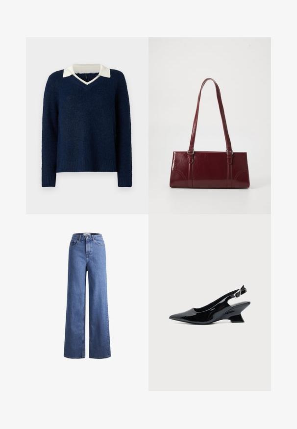 Marineblauer Pullover mit strukturiertem Finish, V-Ausschnitt und kontrastierendem weißen Kragen. Mit langen Ärmeln und lockerer Passform.; Helleblaue Denim-Weite-Leg-Jeans mit hoher Taille, zwei vorderen Taschen und sichtbarer Naht. Mit Knopf- und Reißverschluss.; Schwarzer Slingback-Schuh aus Lackleder mit spitzer Spitze und niedrigem, schrägem Blockabsatz auf einfachem hellem Hintergrund.; Burgunderfarbene Handtasche aus glänzendem Material, rechteckige Form, mit zwei Schulterriemen und subtilen, geschwungenen Akzenten an der Vorderseite.