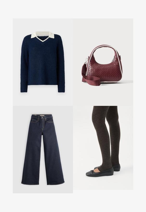 Mørkeblå sweater med en tekstureret overflade, V-hals og en kontrasterende hvid krave. Har lange ærmer og en afslappet pasform.; Bredde ben denim jeans i mørkeblå med kontrastsyninger. Har det traditionelle fem-lomme design og en knaplukning ved taljen.; Ben iført mørke ribbede leggings kombineret med sorte balletsko med små sløjfedetaljer på hvid baggrund.; Mørkerød vævet lædertaske med buet hank, hvid kant, sølv lynlås og aftagelig bred stofskulderrem mod en ensfarvet baggrund.