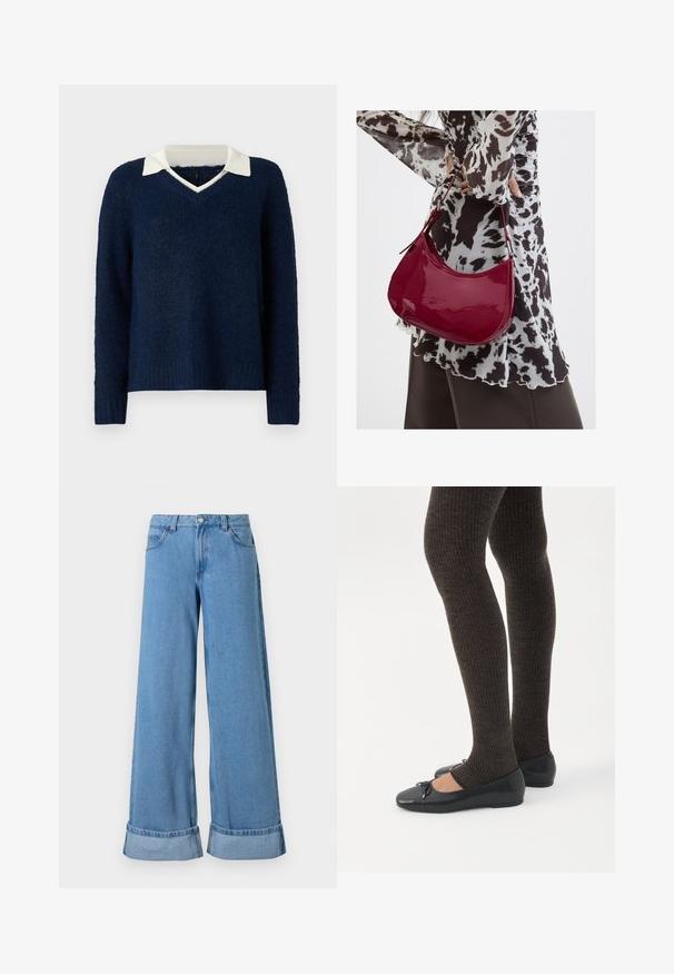 Mørkeblå sweater med en tekstureret overflade, V-hals og en kontrasterende hvid krave. Har lange ærmer og en afslappet pasform.; Lyseblå denim bukser med vide ben har høj talje, optrillede nederkanter, fem lommer og en knaplukning med lynlås.; Ben iført mørke ribbede leggings kombineret med sorte balletsko med små sløjfedetaljer på hvid baggrund.; Kvinde iført en sort- og hvidmønstret bluse, der holder en blank rød skuldertaske mod en ensfarvet baggrund.