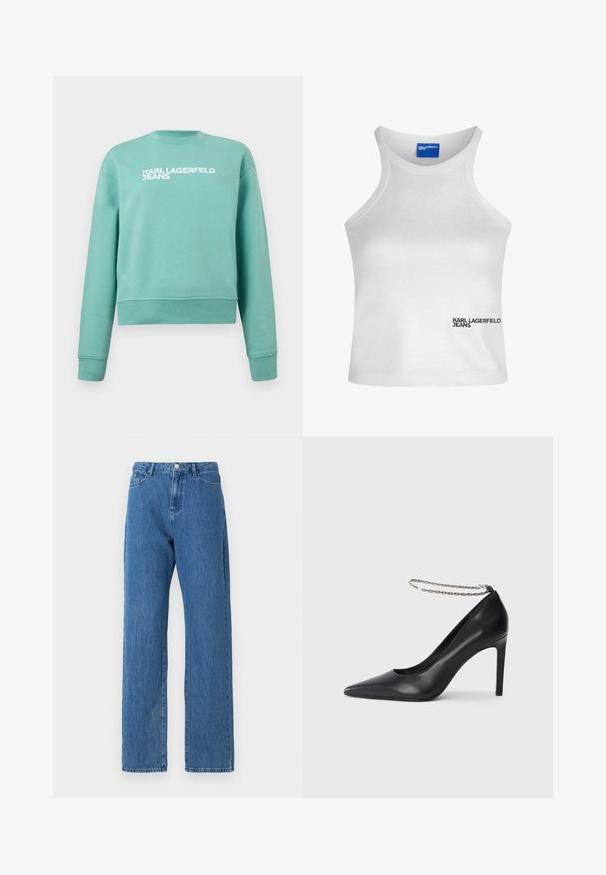 Vaaleanvihreä, pitkähihainen pyöreäkauluksinen svetari, jossa valkoinen teksti "KARL LAGERFELD JEANS" painettuna rinnan kohdalle.; Valkoinen hihaton crop-top, jossa on korkea kaula-aukko ja "Karl Lagerfeld Jeans" -logo alareunassa oikealla edessä.; Vaalean siniset farkut korkealla vyötäröllä, leveillä lahkeilla ja klassisella viiden taskun suunnittelulla. Kankaassa on hienovarainen tekstuuri.; Mustat nahkaiset korkokengät, joissa on terävä kärki, ohut hopeinen nilkkaketju ja kiiltävä, sileä pinta.
