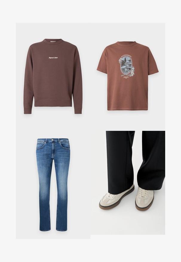 Brauner Pullover mit Rundhalsausschnitt, geripptem Saum und Bündchen. Verziert mit weißem, gesticktem Text "Original Studio" auf der Brust. Baumwollmischung.; Braunes Baumwoll-T-Shirt mit einem Vintage-Grafikdruck eines Seeresorts, umrahmt von weißen Blumenakzenten. Kurze Ärmel und Rundhalsausschnitt.; Blaue Jeans aus Denim mit geradem Schnitt, mit leichter Ausbleichung, fünf Taschen und einem Knopf- und Reißverschluss. Genähte Details entlang der Nähte.; Füße mit beigen Sneakers mit braunen Sohlen und schwarzen Hosen mit weitem Bein auf weißem Hintergrund.