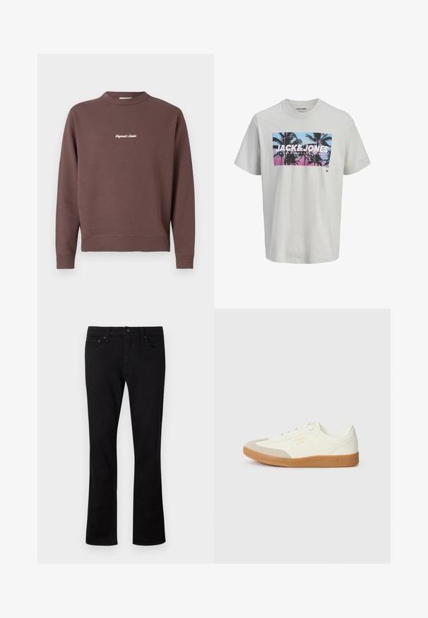 Sudadera marrón con cuello redondo, ribete en el dobladillo y puños acanalados. Presenta texto bordado en blanco "Original Studio" en el pecho. Material de mezcla de algodón.; Camiseta blanca de manga corta con estampado frontal de palmeras en tonos azules y rosas de atardecer, texto grande de JACK & JONES en el pecho.; Jeans de mezclilla negra con un diseño de pierna recta, estilo de cinco bolsillos y detalles de costura sutiles. El material es suave con un acabado mate.; Zapatilla de cuero blanca con puntera beige y suela de goma marrón claro. Presenta cordones planos blancos y una marca en relieve en el lateral.