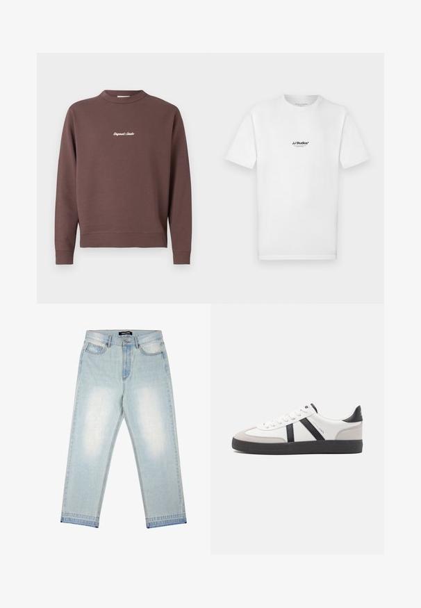 Brauner Pullover mit Rundhalsausschnitt, geripptem Saum und Bündchen. Verziert mit weißem, gesticktem Text "Original Studio" auf der Brust. Baumwollmischung.; Weißes Baumwoll-T-Shirt mit kurzen Ärmeln und rundem Ausschnitt. Verfügt über ein kleines schwarzes "JJ Studios"-Logo auf der Brust.; Pegador BARROW - Loose Jeans - sand washed blue; Weiße Sneaker mit schwarz- und grau-aczenten, ausgestattet mit einer strukturierten grauen Zehenkappe, schwarzer Gummi-Sohle und flachen weißen Schnürsenkeln. Sauberes Design, minimalistische Stil.