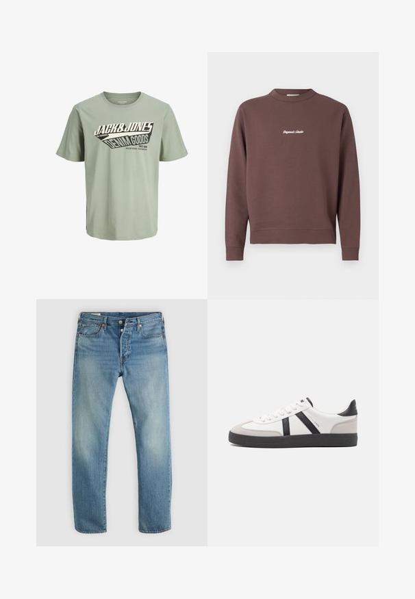 Bruine sweatshirt met een ronde hals, ribgebreide zoom en manchetten. Bevat witte geborduurde tekst "Original Studio" op de borst. Gemaakt van een katoenmix.; Lichtgroene katoenen t-shirt met een zwart-wit grafisch ontwerp dat tekst bevat. Ronde hals, korte mouwen en een rechte zoom.; Lichtblauwe denim jeans met een recht beenontwerp, voorzien van een vijf-pocket indeling, koperen hardware en subtiele vervaging over de stof.; Witte sneaker met zwarte en grijze accenten, voorzien van een grijze neus met textuur, zwarte rubberen zool en platte witte veters. Schoon ontwerp, minimalistische stijl.
