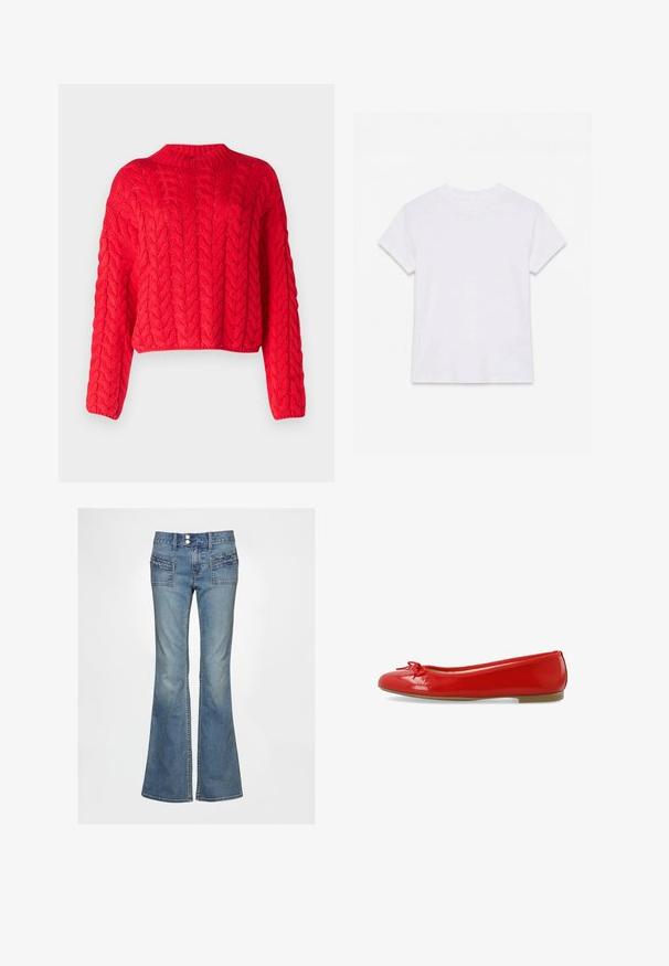 Pull rouge en tricot torsadé avec un col haut, des manches longues et un ourlet court. Texture épaisse avec des motifs en relief entrelacés partout.; T-shirt en coton blanc uni à manches courtes et col rond, étalé à plat sur un fond blanc.; Jeans en denim bleu évasés avec une taille haute, deux poches avant à détails texturés, et une fermeture traditionnelle à boutons.; Ballerines en cuir verni rouge avec un bout arrondi, un nœud sur le devant et une semelle en caoutchouc beige basse. Texture de surface lisse.