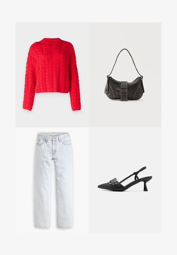Roter Kabelstrickpullover mit hohem Kragen, langen Ärmeln und verkürztem Saum. Dicke Textur mit erhabenen, ineinandergreifenden Mustern.; Hellblaue, gerade geschnittene Jeans mit hoher Taille, die fünf Taschen, einen Knopfverschluss vorne und sichtbare Nähte aufweist.; Simmi London DALA - Pumps - black; Schwarze Leder-Schultertasche mit Schnallengurt-Detail, abgerundeten Kanten und kontrastierenden weißen Nähten auf schlichtem Hintergrund.