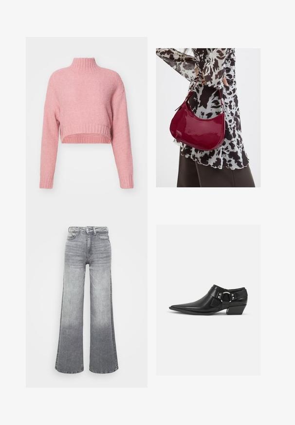Aware VMMARS HIGH NECK CROPPED - Trui - desert sand; Grijze denim wijde pijpen jeans met een licht naar donker verloop, voorzien van een hoge taille, vijf zakken en een klassieke knoopsluiting.; Zwarte leren enkellaarzen met een spitse neus, voorzien van een leren band aan de voorkant en een zilveren gesp detail, en een lage, blokhak.; Vrouw met een zwart-wit gebloemde blouse houdt een glanzende rode schoudertas vast tegen een effen achtergrond.