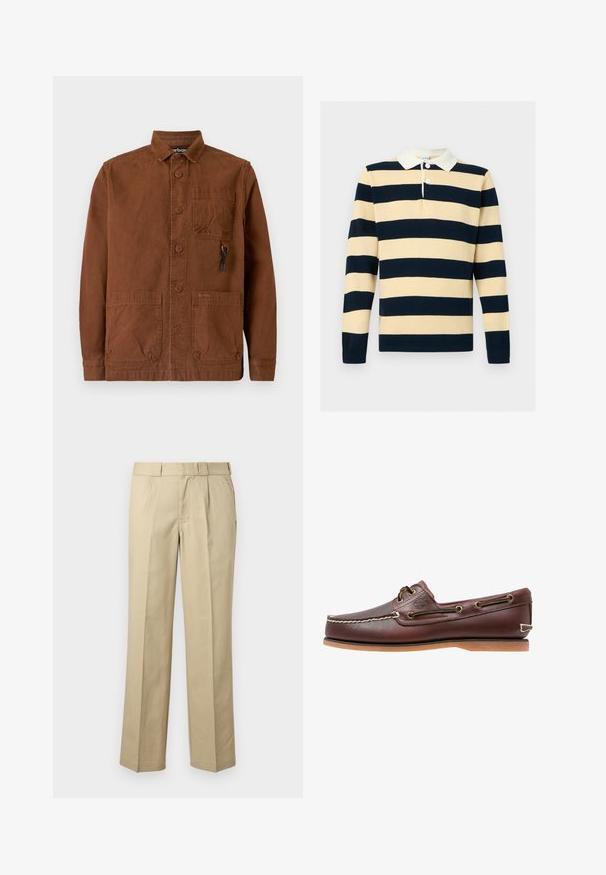 Chemise de rugby en maille à manches longues avec de larges rayures horizontales bleu marine et beige, col blanc et deux boutons blancs au niveau de l'encolure.; Veste marron en toile avec col, boutons sur le devant, deux poches plaquées à l'avant et un petit logo sur la poche inférieure.; Pantalon droit beige avec passants de ceinture, plis devant et poches latérales sur un fond uni.; Chaussure bateau en cuir marron avec coutures blanches, détails de lacets et semelle en caoutchouc beige, vue de côté sur fond blanc.
