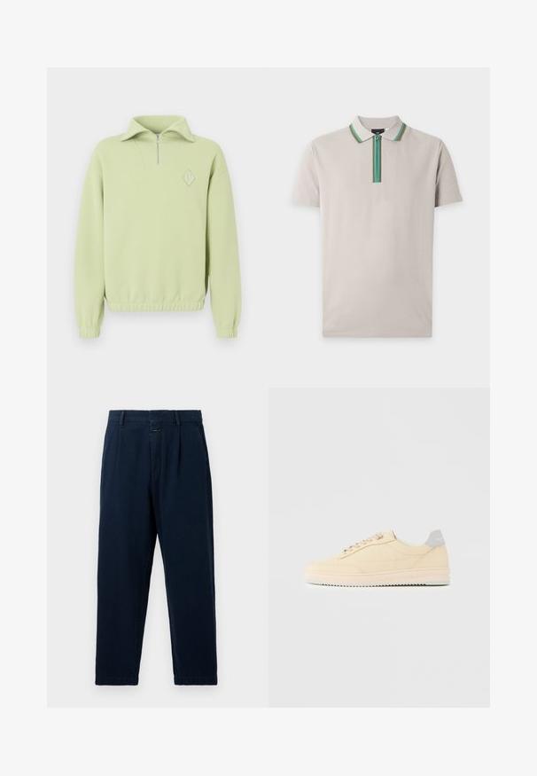 Lys grøn sweatshirt med halv-zip krave, ribbet tekstur, elastisk talje og et diamantformet logo på brystet.; Lysebeige kortærmet polo med lynlåsåben krave med grønne og blå striber.; CLOSED BLOMBERG - Baggy jeans - dark blue; Beige lavtop sneaker med snørelukning foran, lyserød sål og grå hællap med mærket "Filling Pieces", vist i profil på ensfarvet baggrund.