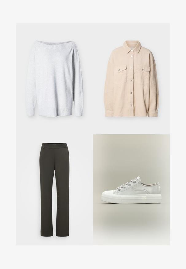 Hellgrauer Strickpullover mit weitem Bootsausschnitt, langen Ärmeln sowie gerippten Bündchen und Saum.; Beige Cordhemd mit Knopfleiste, zwei Klapp-Brusttaschen und langen Ärmeln, auf weißem Hintergrund dargestellt.; Dunkelgrüne Hose aus glattem, elastischem Material, mit einem flachen Bund und geradem Bein. Keine sichtbaren Taschen oder Verzierungen.; Weißer Sneaker mit niedrigem Schaft, dicker gerippter Gummisohle, weißen Schnürsenkeln und dezenten Nähten, präsentiert auf neutralem Hintergrund.