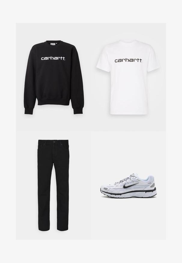 Zwarte sweater met lange mouwen en ronde hals met wit "carhartt" logo gecentreerd op de borst, met geribde boorden en zoom.; Witte katoenen t-shirt met korte mouwen en ronde hals. Voorzien van een groot "carhartt" logo in donkerbruin over de borst.; Zwarte rechte jeans met een knoop en rits aan de voorkant, vijf zakken ontwerp, weergegeven op een witte achtergrond.; Witte hardloopschoen met een bovenkant van mesh, ronde neus, zwarte accenten en een geëtst zool. Kenmerken van veters en branding aan de zijkant.