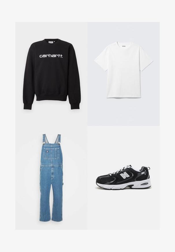 Čierna mikina s dlhým rukávom a okrúhlym výstrihom s bielym logom "carhartt" v strede na hrudi, s rebrovanými manžetami a lemom.; Biely krátky rukáv tričko s okrúhlym výstrihom, na rovine, jednoduchý dizajn, so štítkom "WEEKDAY" vo vnútri goliera na svetlom pozadí.; Džísy v svetlomodrej farbe s nastaviteľnými popruhmi, prednou kapsou a bočnými vreckami. Voľný strih so rovným strihom nohavíc, vyrobené z bavlnenej tkaniny.; Čierne a šedé športové topánky s hornou časťou z mikrovlákna a zamatu, s bielou medzipodrážkou, šnúrkami a výrazným logom "N" na boku.