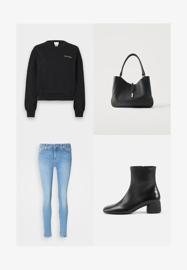 Sort sweatshirt lavet af blødt bomuld med ribbede manchetter, rund hals og broderet "Calvin Klein" logo på fronten. Kort design.; Lyseblå skinny jeans lavet af denim med mid-rise talje, der har forlommer, bæltesløjfer og en glat tekstur.; Sort læderankelstøvle med afrundet firkantet tå, sidelås og chunky lav hæl på ensfarvet lys baggrund.; Sort læderhåndtaske med enkelt skulderrem og guldfarvet spænde på hvid baggrund.