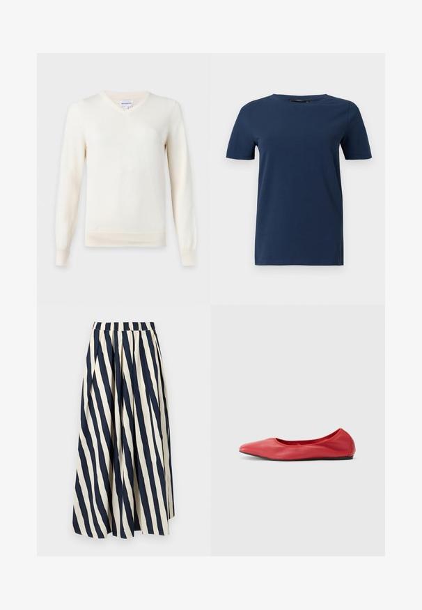 Pull blanc à manches longues avec col en V, bords-côtes aux poignets et à l'ourlet, présenté sur un fond clair uni.; T-shirt bleu marine à manches courtes avec col rond, design uni et coupe régulière, présenté sur un fond blanc.; Jupe maxi trapèze rayée bleu marine et blanc avec taille élastique, présentée à plat sur un fond clair.; Filippa K REY FLATS - Ballerines - bright red