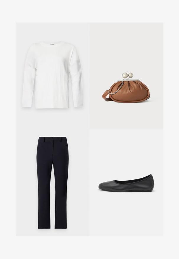 Hvid strikket sweater med rund halsudskæring, lange ærmer og ribbede detaljer. Har et subtilt tekstureret mønster over stoffet.; Marineblå skræddersyede bukser med flad front, bæltestropper, to sidelommer og lige ben. Lavet af et glat stof.; Sort læderballetsko med rund tå, glat tekstur, minimal syning og et fleksibelt såldesign.; Brun læder clutch-pung med sølv kugleklap og en lille sølv kædedetalje på en hvid baggrund.