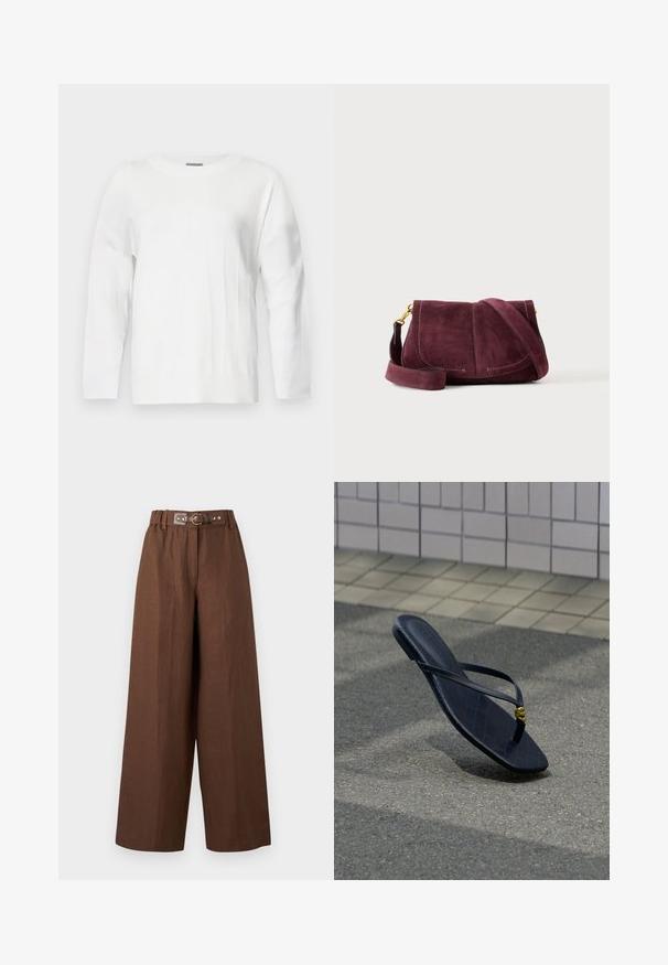 Pull en tricot blanc avec un col rond, des manches longues et des accents côtelés. Présente un motif texturé subtil sur le tissu.; Pantalon marron à jambes larges avec une taille haute élastiquée et une ceinture assortie attachée ornée d'une petite boucle dorée et de clous.; Tongs en cuir noir avec une boucle décorative dorée, reposant sur un pavement texturé près d’un mur carrelé en extérieur.; Petit sac à bandoulière en daim rouge foncé avec une large bandoulière et des ferrures dorées sur un fond clair.