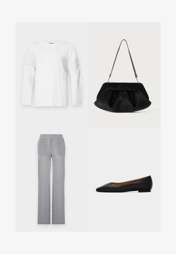 Hvid strikket sweater med rund halsudskæring, lange ærmer og ribbede detaljer. Har et subtilt tekstureret mønster over stoffet.; Grå, ribbet strikbukser med en tætsiddende talje og flared ben. Har en subtil glans og lodrette striber for tekstur.; Sort læder flad sko med spids tå, lav hæl og glat finish, vist fra siden på en lysegrå baggrund.; Sort tekstureret håndtaske med en blød, syntetisk pelsfinish. Har et samlet design, flad bund og en slank, justerbar læderrem. Guldhardware-accenter.