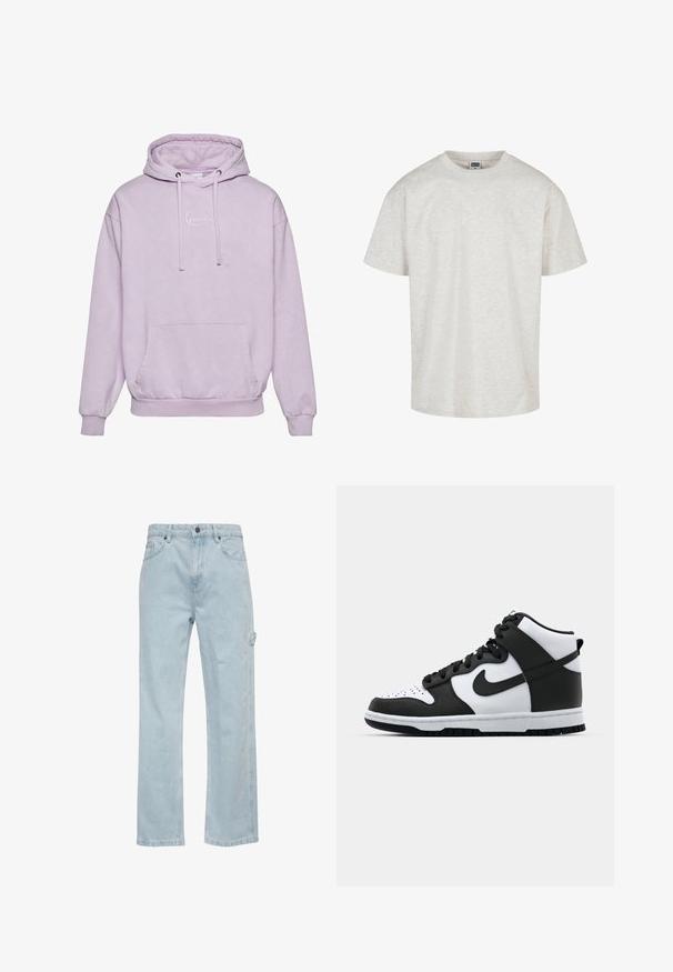 Lyslilla hoodie med snoretræk i hætten, forlommer og en hvid logoaccent på brystet. Lavet af blødt, struktureret materiale.; Lys grå bomulds T-shirt med kortærmer, rund halsudskæring og afslappet pasform. Tekstureret stof med et subtilt meleret mønster.; Lysblå denim jeans med lige ben-design, der har for- og baglommer samt en sidelomme til cargo. Glat tekstur, afslappet stil.; Sort og hvid høj-top sneakers med læderoverdel, perforeret tåboks, fremtrædende swoosh-logo og struktureret gummisål.