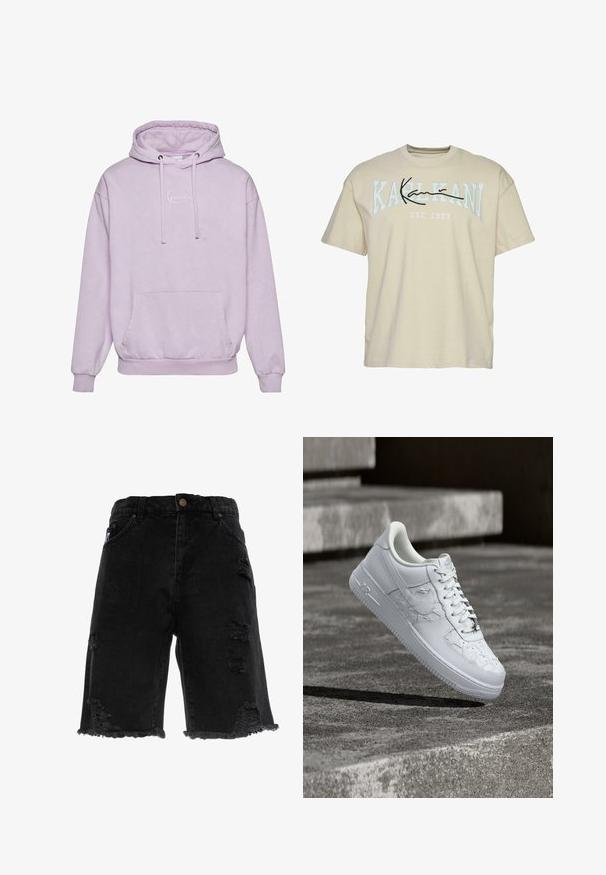 Helle lila Kapuzenpullover mit Kordelzug, Fronttasche und einem weißen Logoakzent auf der Brust. Hergestellt aus weichem, strukturiertem Material.; Beige Baumwoll-T-Shirt mit Rundhalsausschnitt, mit dem Schriftzug "KARL KANI" in Blau und Schwarz über der Brust, etabliert 1989 darunter.; Schwarze Jeansshorts mit fransigem Saum, ausgestattet mit ausgefransten Rissen und geradem Schnitt. Beinhaltet traditionelle Fronttaschen und einen Metallknopf.; Weißer Nike Air Force 1 Sneaker mit geprägten Sternmustern und einem metallischen Stern-Schnürsenkelanhänger, der über einer Betonoberfläche schwebt.