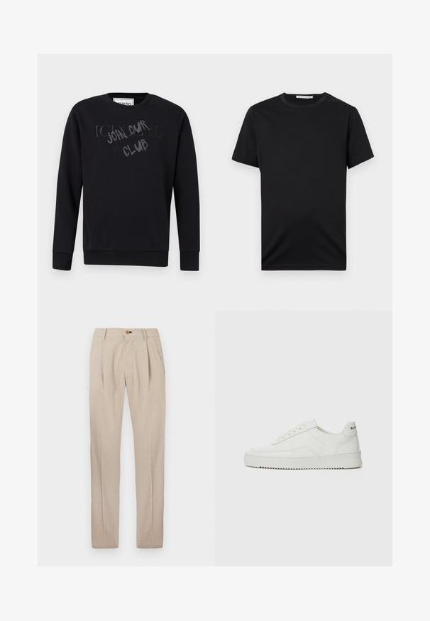 Sweat-shirt noir à col rond avec manches longues, présentant le texte en relief "ICEBERG" et une superposition de style graffiti "JOHN SMITH CLUB" sur la poitrine.; T-shirt noir à manches courtes avec col rond, design uni, étiquette « Tiger of Sweden » à l'intérieur du col.; Pantalon beige en tissu léger, doté d'une texture lisse, de quatre plis à l'avant et d'une fermeture à bouton à la taille.; Baskets en cuir blanc avec une finition lisse, bout arrondi, lacets plats et semelle texturée. Présente un logo discret sur le talon.