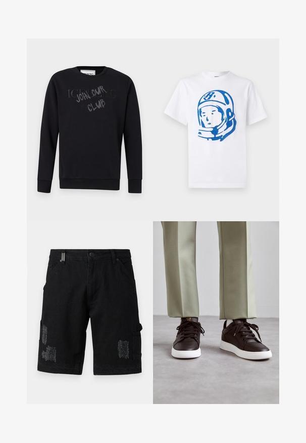 Sweat-shirt noir à col rond avec manches longues, présentant le texte en relief "ICEBERG" et une superposition de style graffiti "JOHN SMITH CLUB" sur la poitrine.; T-shirt en coton blanc avec un graphique d'astronaute bleu sur le devant. Manches courtes, col rond et design décontracté.; Shorts cargo en denim noir avec une coupe décontractée, présentant des patchs déchirés, des poches frontales et des poches cargo latérales pour une utilité supplémentaire.; Baskets en cuir marron avec un détail perforé, semelle plate en caoutchouc blanc et lacets noirs, assorties à un pantalon fuselé vert clair.