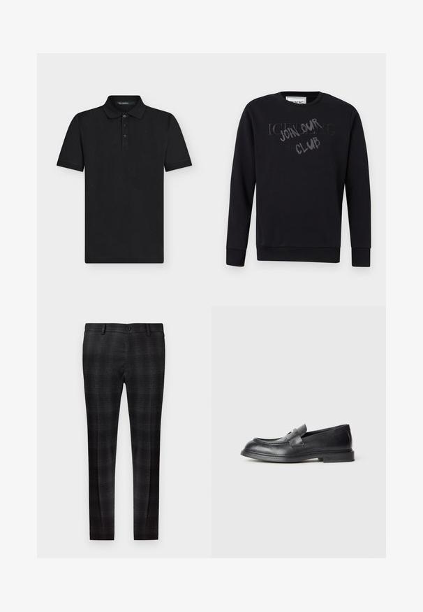 Sweat-shirt noir à col rond avec manches longues, présentant le texte en relief "ICEBERG" et une superposition de style graffiti "JOHN SMITH CLUB" sur la poitrine.; Polo noir à manches courtes avec trois boutons et un subtil motif ton sur ton "KL", col et étiquette Karl Lagerfeld à l'intérieur du col.; Pantalon habillé pour hommes, coupe slim, motif à carreaux noir et gris, fermeture à bouton et passants pour ceinture, vue de face sur fond uni.; Mocassins en cuir noir avec une finition texturée, dotés d'une bride décorative à l'avant et d'un bout arrondi. Semelle en caoutchouc pour plus de durabilité.
