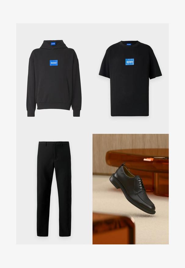 Schwarzer Kapuzenpullover aus Baumwolle. Verfügt über ein blaues, rechteckiges Logo mit "HUGO" auf der Vorderseite. Inklusive Kängurutasche und gerippten Bündchen.; Schwarzes Baumwoll-T-Shirt mit rundem Ausschnitt und kurzen Ärmeln. Auf der Vorderseite befindet sich ein blaues, rechteckiges "HUGO"-Logo.; Schwarze Hosen aus glattem Stoff, mit Knopfverschluss, geradem Bein design und ohne sichtbare Muster, mit klaren Linien.; Schwarzer Leder-Schnürschuh mit texturierter Vorderseite, schwebend über beigem Teppich in einem modernen Raum mit bernsteinfarbenen Möbeln.