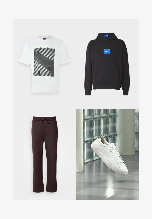 Sweat-shirt à capuche noir en coton. Présente un logo rectangulaire bleu avec "HUGO" sur le devant. Comprend une poche kangourou et des poignets côtelés.; T-shirt blanc avec une photo noir et blanc imprimée représentant trois personnes traversant un passage piéton rayé, avec le texte « HUGO » au-dessus de l'image.; Pantalon de survêtement marron foncé avec une taille élastique, un cordon de serrage, des poches latérales et le logo "HUGO" imprimé sur la jambe gauche. Texture douce.; Baskets basses en cuir blanc avec lacets, languette de talon noire et logo « BOSS », flottant à l'intérieur près d'un mur en blocs de verre et d'un sol poli.