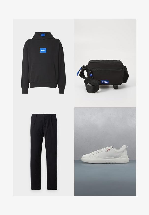 Sweat-shirt à capuche noir en coton. Présente un logo rectangulaire bleu avec "HUGO" sur le devant. Comprend une poche kangourou et des poignets côtelés.; Pantalon noir en mélange de coton, avec une coupe droite classique, fermeture à bouton et sans motifs ni embellissements visibles.; Sneaker blanche avec une finition en cuir lisse, bout rond, quatre œillets, perforations subtiles et un détail de logo rouge sur le côté.; Sac à bandoulière en tissu noir avec fermeture zip, patch logo bleu, sangle réglable et surface texturée. Design compact rectangulaire.