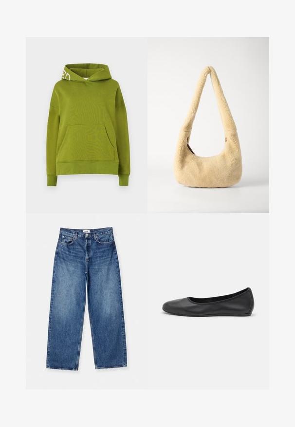 Grøn hættetrøje lavet af blødt stof, med en frontlomme og hvidt tekstdetalje på hættens kant. Loose fit.; Lysblå vid ben jeans lavet af denim, med et klassisk fem-lomme design, synlig syning og en mid-rise talje.; Sort læderballetsko med rund tå, glat tekstur, minimal syning og et fleksibelt såldesign.; Beige shearling skuldertaske med et buet håndtag og en afrundet form. Teksturen er blød og fyldig, med minimale hardware-details.
