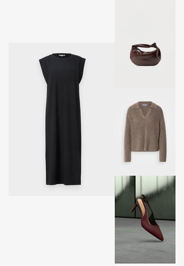 Brauner, gemütlicher Pullover mit V-Ausschnitt und Kragen, der lange Ärmel und ein weiches, strukturiertes Strickdesign aufweist. Lässige und entspannte Passform.; Schwarzes ärmelloses Kleid aus strukturiertem Stoff, mit geradem Schnitt und breiten Schulterdetails, bis zur Mitte der Wade reichend.; Bordeauxfarbener Lederslingback-Pumps mit spitz zulaufender Schuhspitze und schlankem Absatz, der auf einer grauen Oberfläche neben einem reflektierenden Fenster liegt.; Dunkelbraune Lederschultertasche mit weicher, lockerer Form und einem gedrehten Knotengriff vor schlichtem weißem Hintergrund.