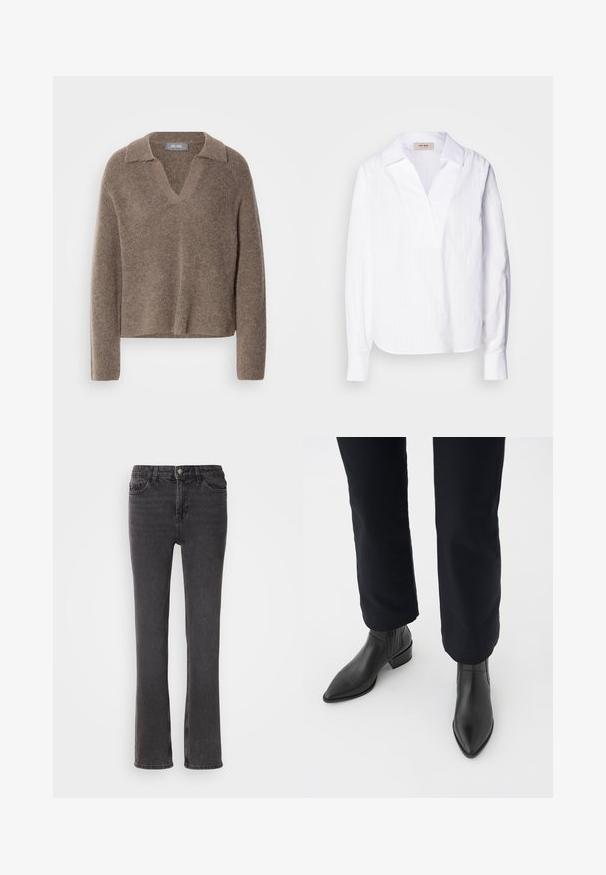 Brauner, gemütlicher Pullover mit V-Ausschnitt und Kragen, der lange Ärmel und ein weiches, strukturiertes Strickdesign aufweist. Lässige und entspannte Passform.; Weißes Langarmhemd aus leichtem strukturiertem Stoff, mit V-Ausschnitt, übergroßem Kragen und dezenten vertikalen Streifen.; Schwarze Denim-Jeans mit geradem Bein, ausgestattet mit Fronttaschen, einem Reißverschluss und dezenten Steppdetails. Der Stoff hat eine leichte Textur.; Schwarze Leder-Stiefeletten mit spitzem Zehenbereich, Blockabsatz und strukturierten Seitenpaneelen, kombiniert mit dunklen Hosen vor einem weißen Hintergrund.