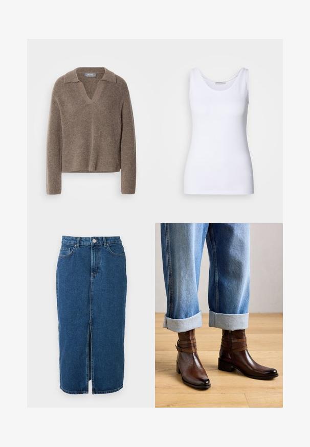 Brauner, gemütlicher Pullover mit V-Ausschnitt und Kragen, der lange Ärmel und ein weiches, strukturiertes Strickdesign aufweist. Lässige und entspannte Passform.; Weißes Tanktop aus glattem, dehnbarem Stoff. Verfügt über einen runden Halsausschnitt und breite Träger. Der Saum sitzt knapp unter der Taille. Keine Muster oder Akzente.; Midilanger blauer Denimrock mit mittigem Frontschlitz, Gürtelschlaufen, Vordertaschen und Knopfverschluss in der Taille.; Ein Paar braune Stiefeletten mit Schnalle und Reißverschluss, getragen mit hochgekrempelten blauen Jeans auf einem hellen Holzboden.