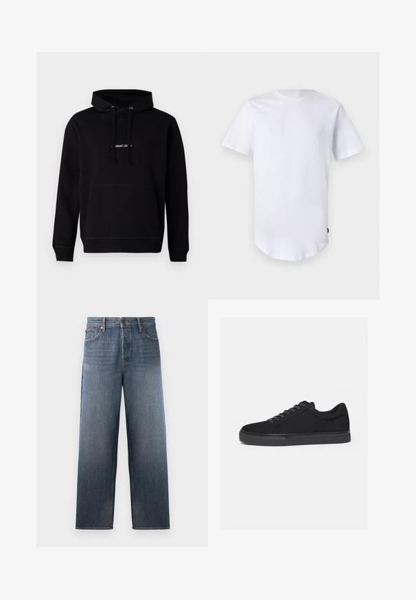 Schwarzer Hoodie aus Baumwolle mit einer Fronttasche, Kapuze mit Kordelzug und einem kleinen gestickten Logo auf der Brust. Klassische Passform mit gerippten Bündchen.; Weißes T-Shirt mit kurzen Ärmeln aus Baumwolle. Rundhalsausschnitt mit abgerundetem Saum. Etikett auf der unteren linken Seite sichtbar. Glatte Textur.; Jeans aus Denim in mittlerem Blau mit einem geraden Bein Design, ausgestattet mit fünf Taschen, einem Knopf- und Reißverschluss sowie subtilen Verblassungen.; Schwarzer Low-Top-Sneaker mit Schnürung vorne und flacher Gummisohle, seitlich auf weißem Hintergrund dargestellt.