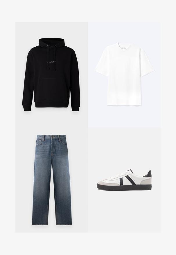 Schwarzer Hoodie aus Baumwolle mit einer Fronttasche, Kapuze mit Kordelzug und einem kleinen gestickten Logo auf der Brust. Klassische Passform mit gerippten Bündchen.; Schlichtes weißes T-Shirt mit kurzen Ärmeln und Rundhalsausschnitt in entspannter Passform, auf hellem Hintergrund dargestellt.; Jeans aus Denim in mittlerem Blau mit einem geraden Bein Design, ausgestattet mit fünf Taschen, einem Knopf- und Reißverschluss sowie subtilen Verblassungen.; Weiße Sneaker mit schwarz- und grau-aczenten, ausgestattet mit einer strukturierten grauen Zehenkappe, schwarzer Gummi-Sohle und flachen weißen Schnürsenkeln. Sauberes Design, minimalistische Stil.