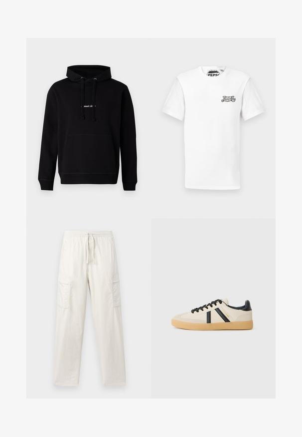 Sudadera negra de algodón con un bolsillo frontal, capucha con cordón y un pequeño logo bordado en el pecho. Corte clásico con puños acanalados.; Camiseta de cuello redondo de manga corta blanca con pequeño logotipo negro de "Pepsi-Cola" en el lado izquierdo del pecho y etiqueta de marca en el cuello.; Pantalones cargo de color beige claro, confeccionados en una mezcla de algodón; cuentan con una cintura elástica, cordón y dos bolsillos laterales para mayor utilidad.; Zapatillas casuales en crema con rayas negras, con parte superior texturizada y suela de goma. Los cordones son negros. Logo sutil en el costado.