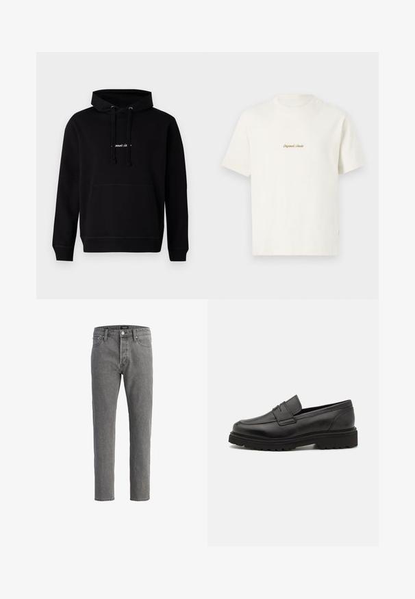 Schwarzer Hoodie aus Baumwolle mit einer Fronttasche, Kapuze mit Kordelzug und einem kleinen gestickten Logo auf der Brust. Klassische Passform mit gerippten Bündchen.; Cremefarbens Baumwoll-T-Shirt mit kurzen Ärmeln, Rundhalsausschnitt und gesticktem "Original Studio"-Logo in Gold auf der Brust. Weiche Textur.; Graue Jeans aus Denim mit geradem Schnitt, fünf Taschen und Metallknopfverschluss. Der Stoff hat eine weiche, strukturierte Oberfläche.; Schwarze Lederloafer mit runder Zehenpartie, genähten Details und einer dicken, strukturierten Sohle. Verfügt über ein schlankes, minimalistisches Design.